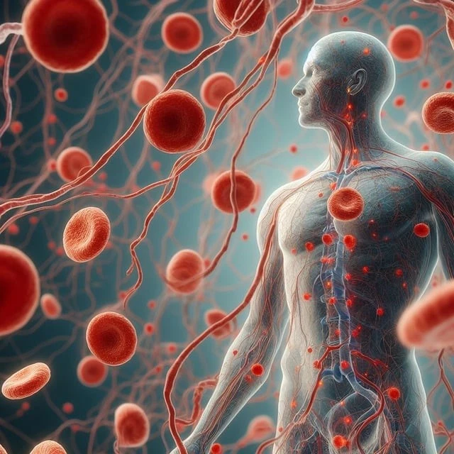 Representación del sistema circulatorio humano con glóbulos rojos