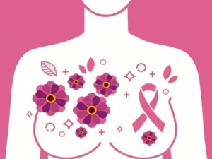 Ilustración de una mujer con flores y el lazo rosa del cáncer de mama